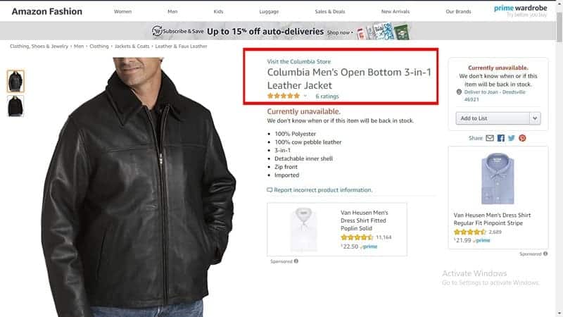 Leather jackets that are listed on Amazon in the name of Columbia brand