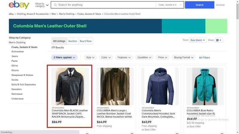 Leather jackets listing on eBay in Columbia brand's name
