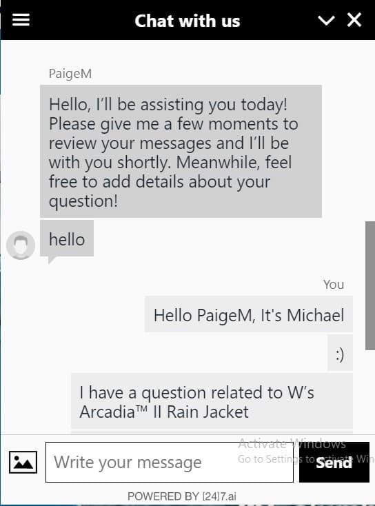 Chatting with the customer care of Columbia to know about return and replacement for unfit jacket