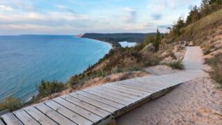 The wooden path at Empire Bluffs Trail in Lake Michigan is making the look of Sleeping Bear dunes more aesthetic at the Manitou Island. Should i swim in this beautiful looking lake michigan.