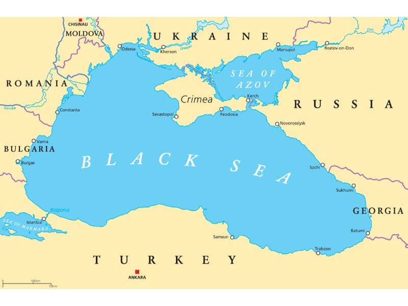 Black Sea and Sea of Azov region political map with capitals, most important cities, borders and rivers. Body of water between Eastern Europe and Western Asia