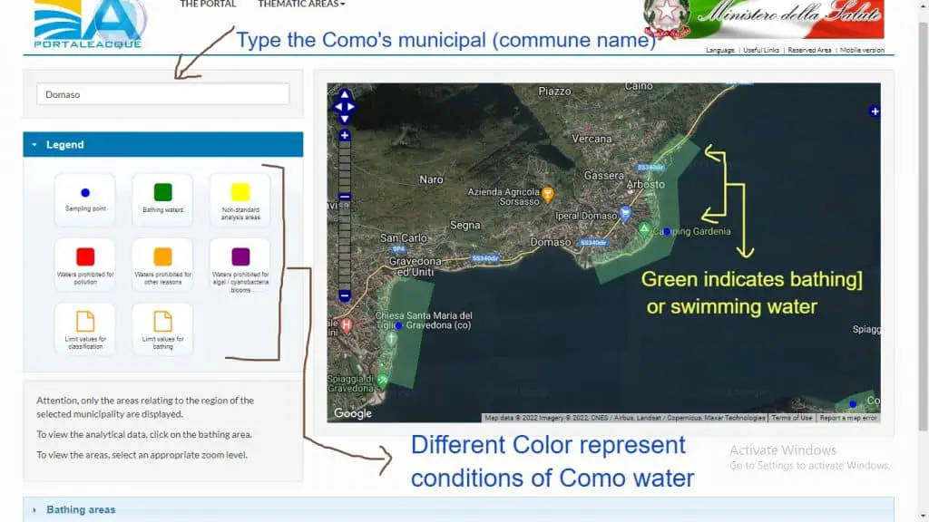 Official Italian Government Website to Check the Bathing or Swimmability of Lake Como Water