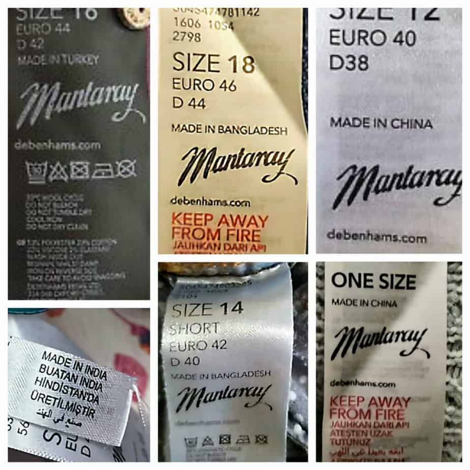 Pics of Mantaray clothes that says they are made in China, Bangladesh, Turkey, and India