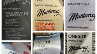 Pics of Mantaray clothes that says they are made in China, Bangladesh, Turkey, and India
