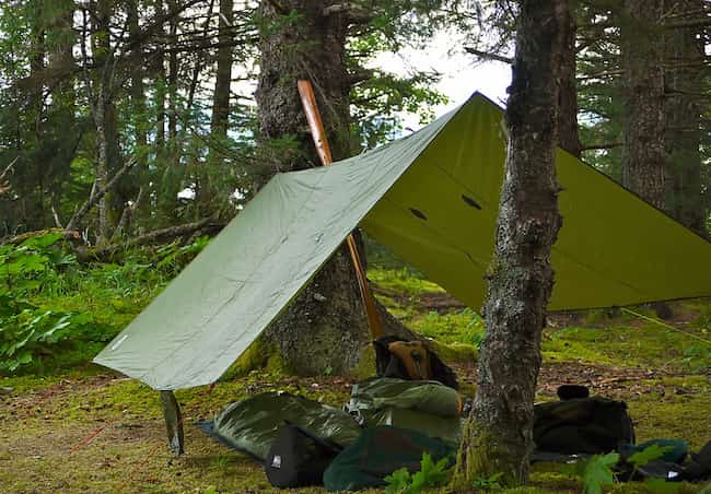 green tarp camping in a forest